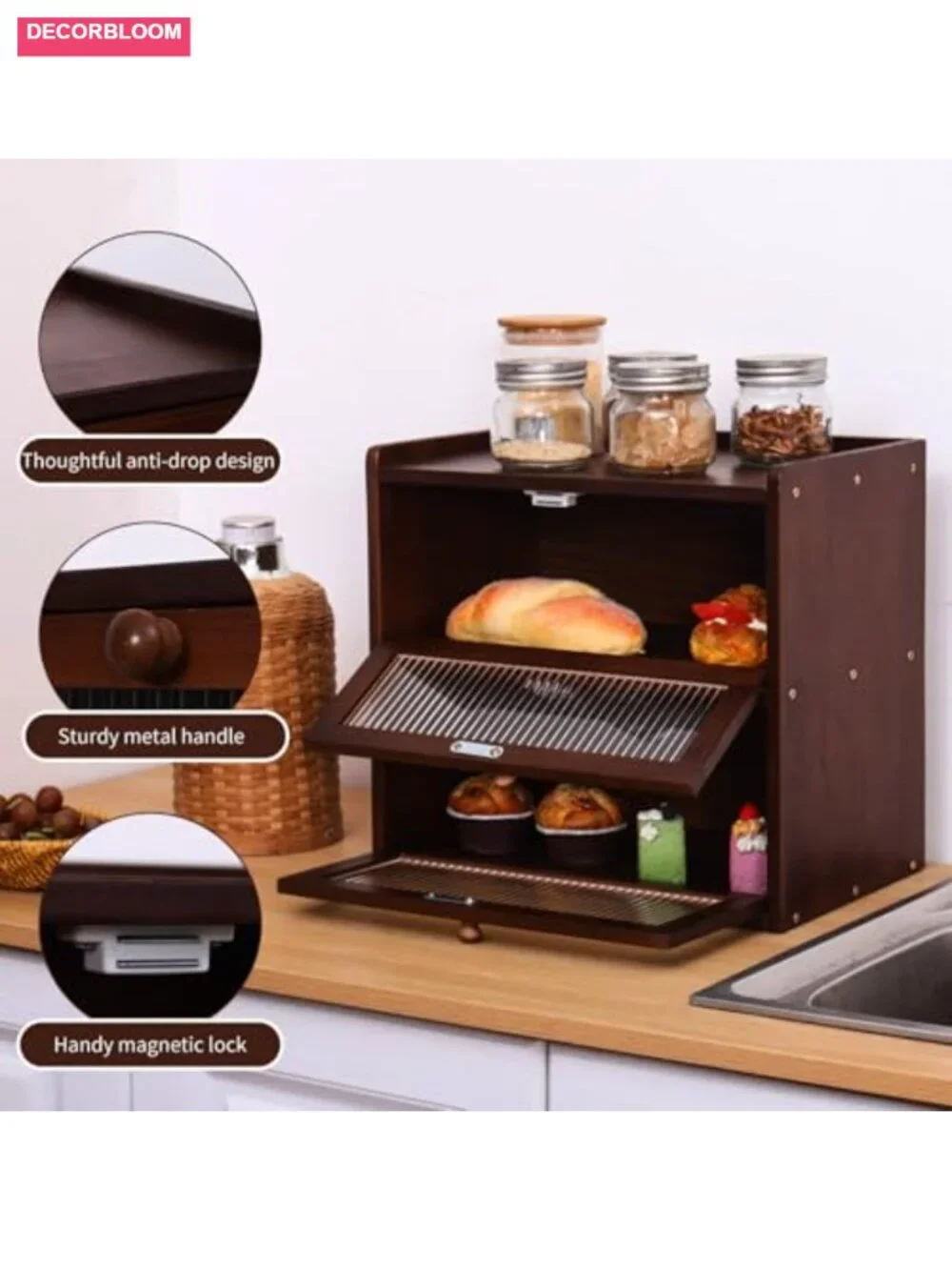 Large Double Layer Wooden Bread Box with Acrylic Window for Kitchen Counter